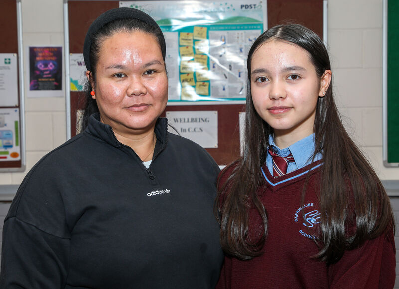 Novie O'Farrell with her daughter Nathalia who received her junior cycle results at the Community School in Carrigaline, Co. Cork. - Picture: David Creedon