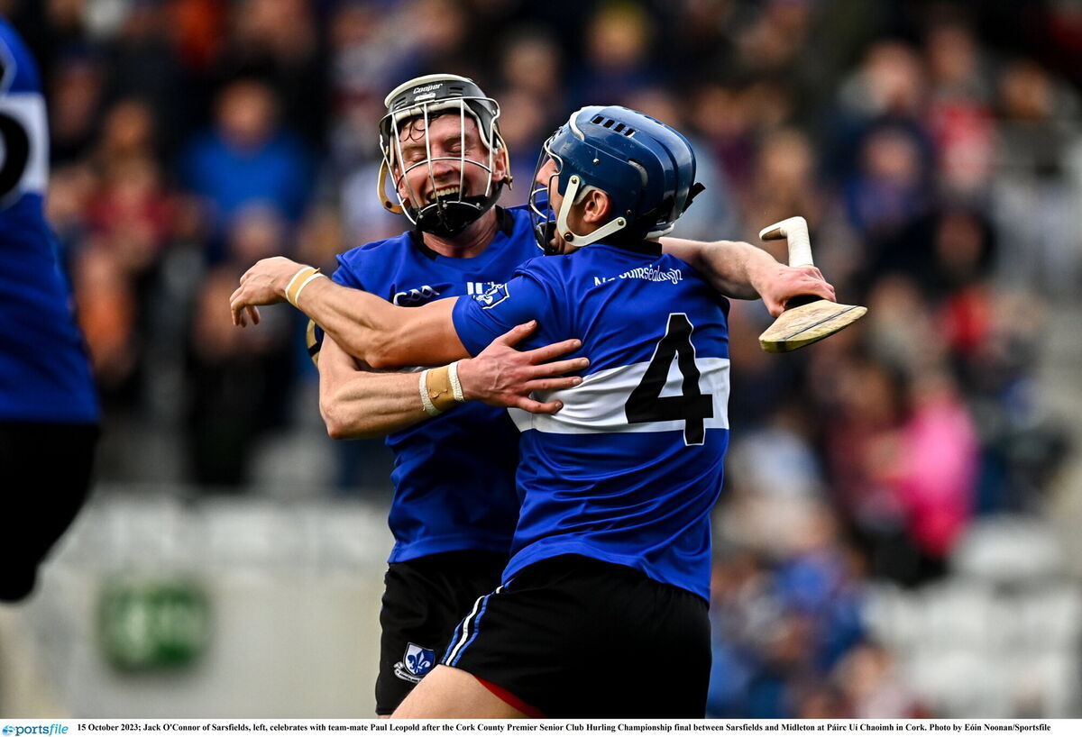 Jack O'Connor of Sarsfields, left, celebrates with team-mate Paul Leopold after the Cork County Premier Senior Club Hurling Championship final between Sarsfields and Midleton at Páirc Uí Chaoimh in Cork. Photo by Eóin Noonan/Sportsfile