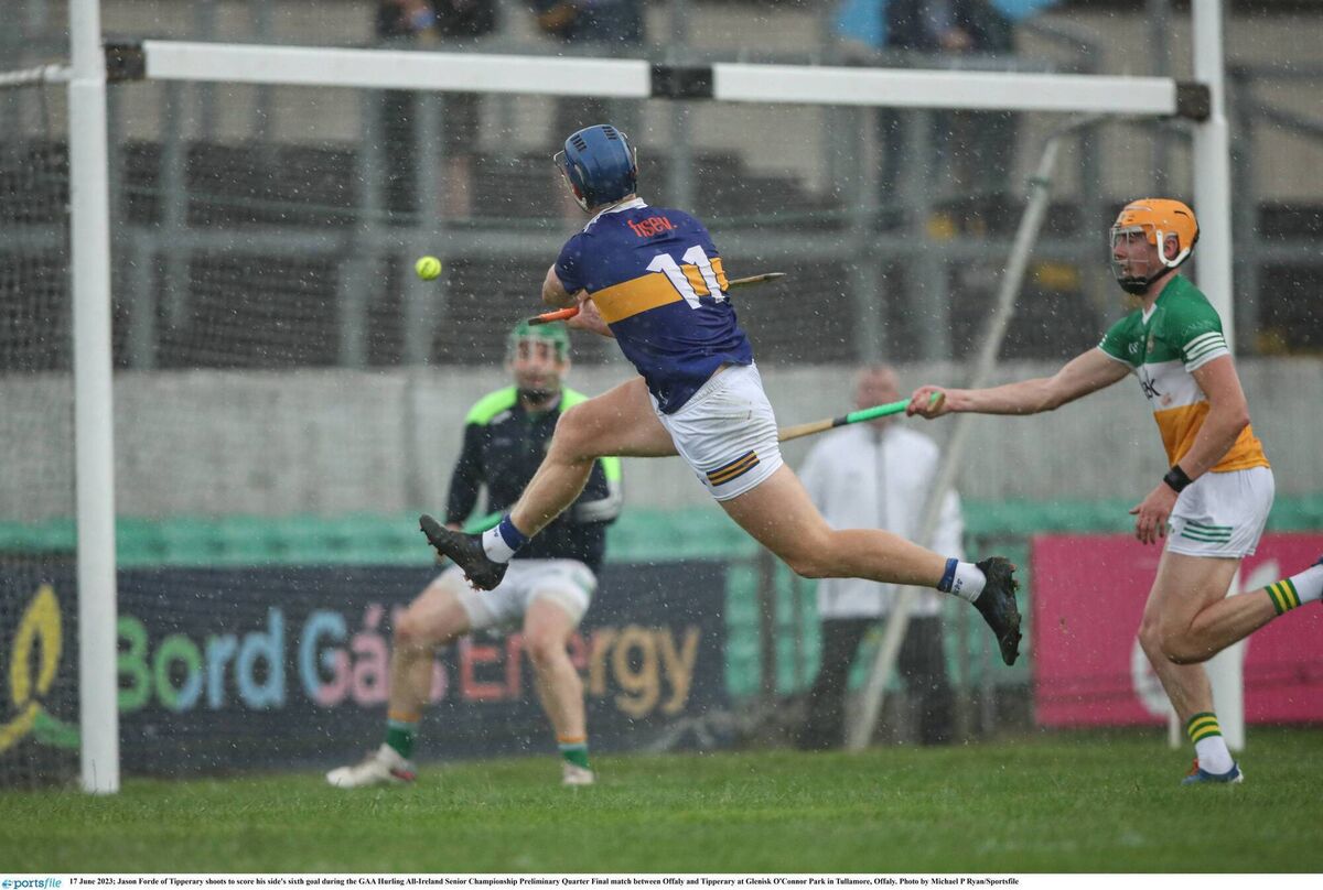 Jason Forde of Tipperary shoots to score his side's sixth goal in the rout of Offaly last season. Picture: Michael P Ryan/Sportsfile