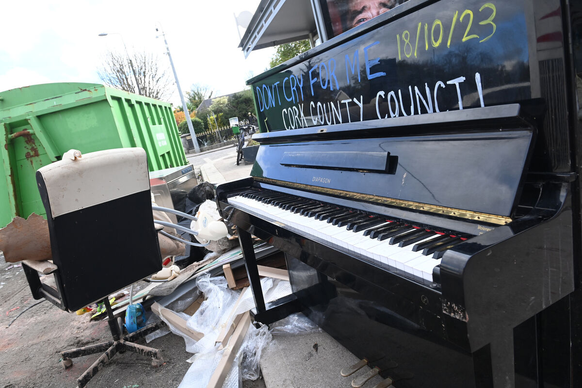 An upright piano amongst the debris on the Main street of Midleton with a message written for Cork County Council..."DON'T CRY FOR ME CORK COUNTY COUNCIL Pic: Larry Cummins An upright piano amongst the debris on the Main street of Midleton with a message written for Cork County Council..."DON'T CRY FOR ME CORK COUNTY COUNCIL Pic: Larry Cummins