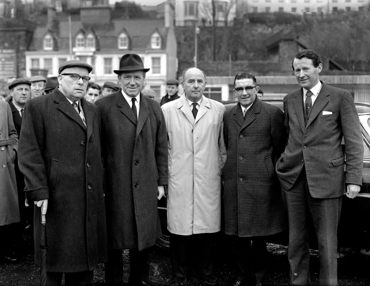 Manchester United manager Matt Busby (second from left) pictured at Lower Glanmire Road railway station on the occasion of United's visit to Cork to play Bolton Wanderers. Manchester United manager Matt Busby (second from left) pictured at Lower Glanmire Road railway station on the occasion of United's visit to Cork to play Bolton Wanderers.