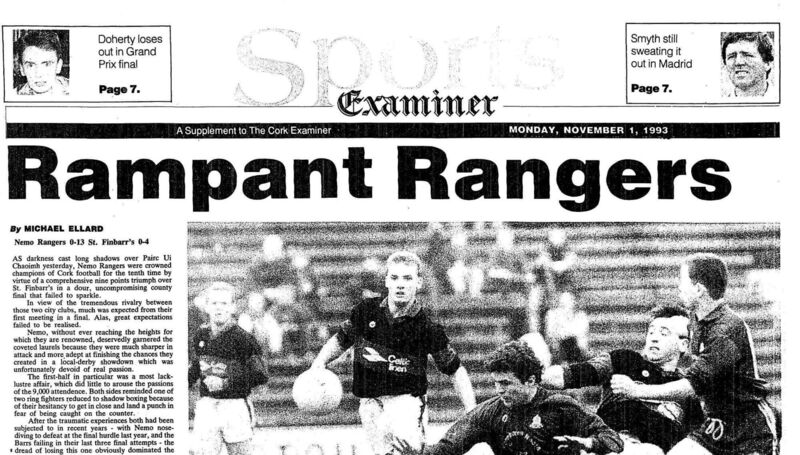 The headline from the Cork Examiner after Nemo beat St Finbarr's in the 1993 Cork SFC final