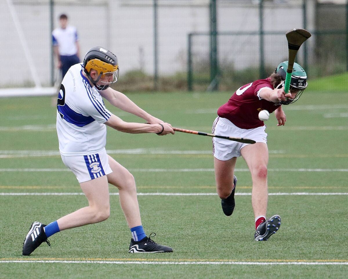 C GS Colaiste Mhuire v Our Lady's Templemore in the Harty Cup Match Gearoid O'Duibhir O'Harrachtain, C GS Colaiste Mhuire ,having the sliotar blocked by Tom Corcoran, Our Lady's Templemore in the Harty Cup Match Picture Brendan Gleeson