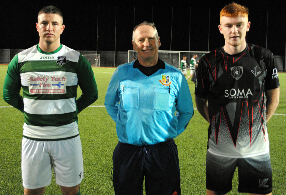 ASH FC's Sean Murphy (right) with Glenthorn Celtic's Adam Lee, accompanied by referee Steven Madine. Picture: Barry Peelo.