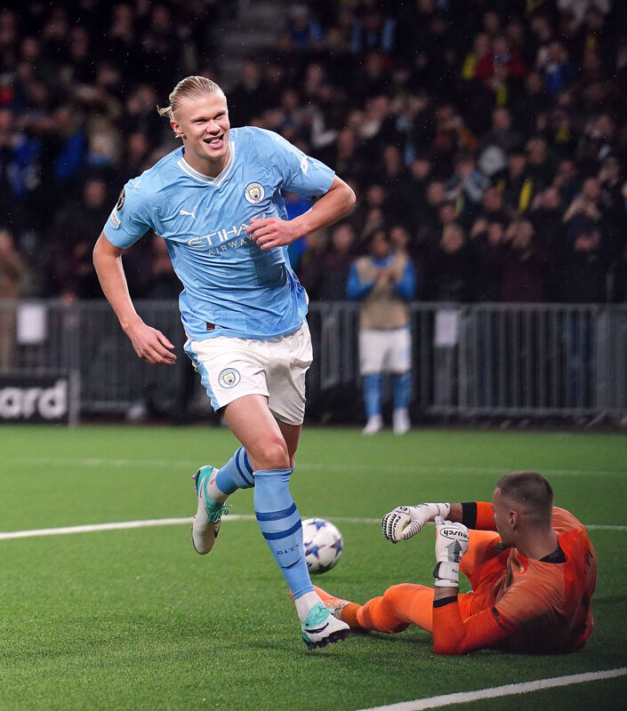 Manchester City's Erling Haaland celebrates scoring their side's second goal of the game against Young Boys from the penalty spot during the UEFA Champions League Group G match at the Wankdorf Stadium in Bern, Switzerland. Picture: Zac Goodwin/PA Wire.