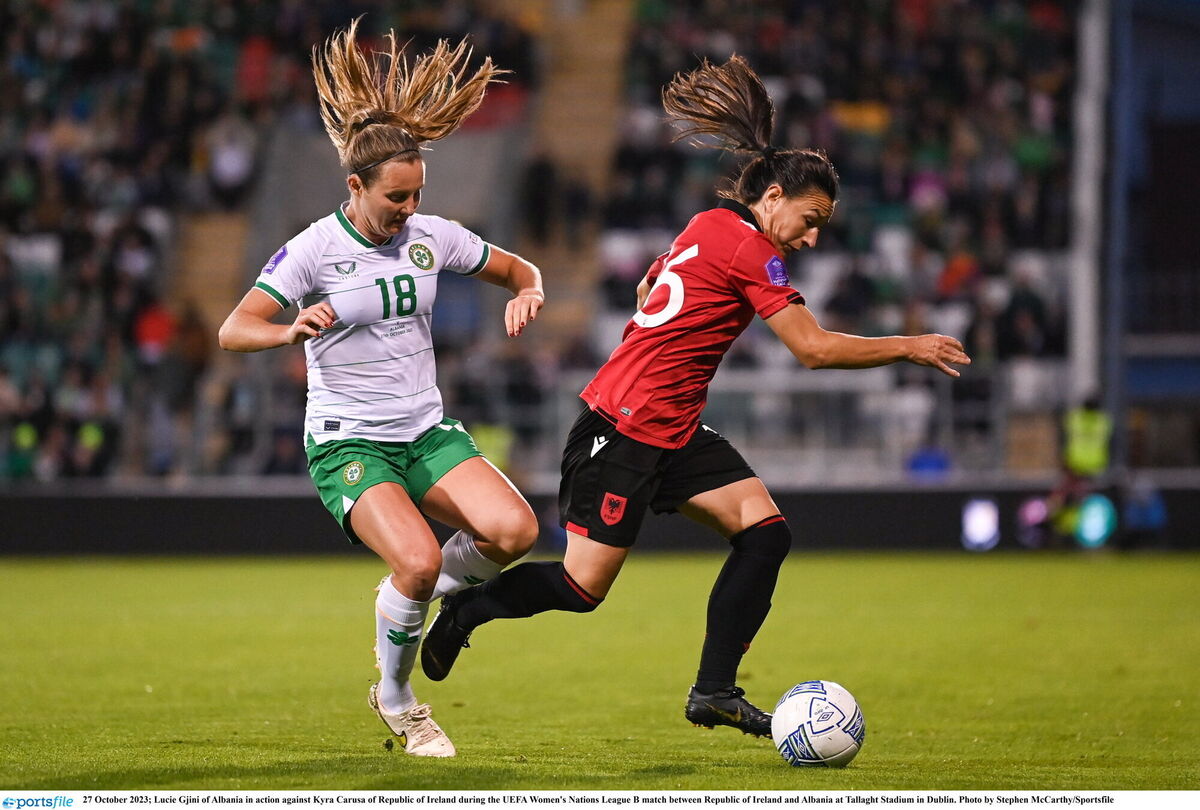 Lucie Gjini of Albania in action against Kyra Carusa of Republic of Ireland. Picture: Stephen McCarthy/Sportsfile