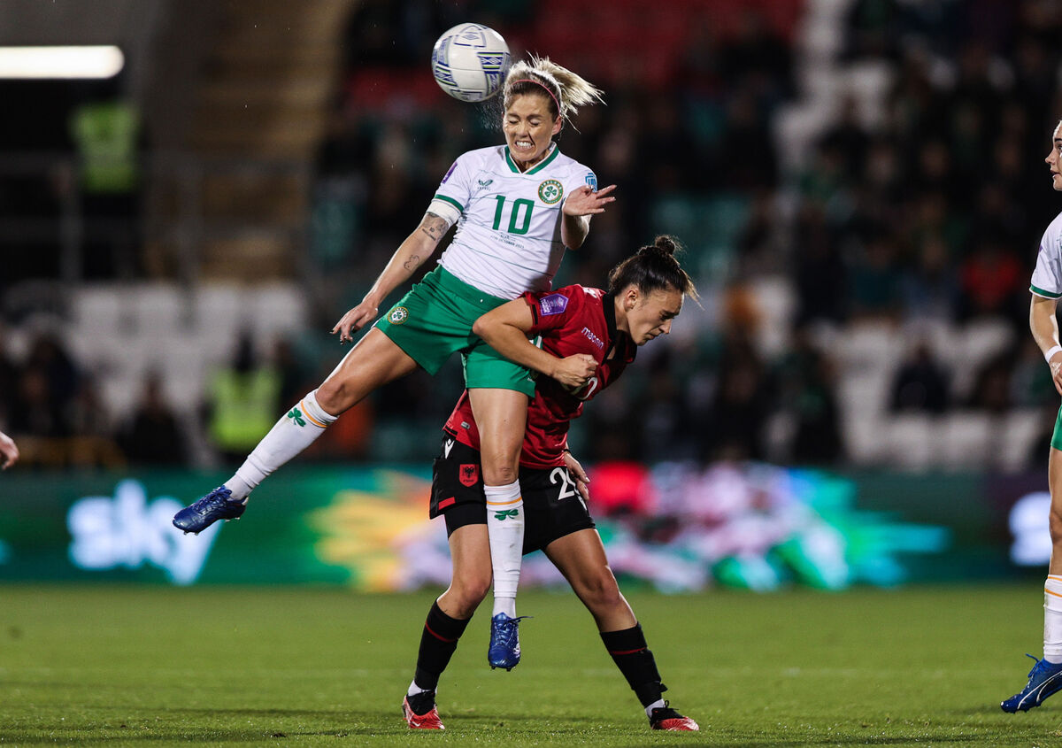 FLYING HIGH: Ireland's Denise O'Sullivan and Mikaela Metalla of Albania. Picture: INPHO/Tom Maher