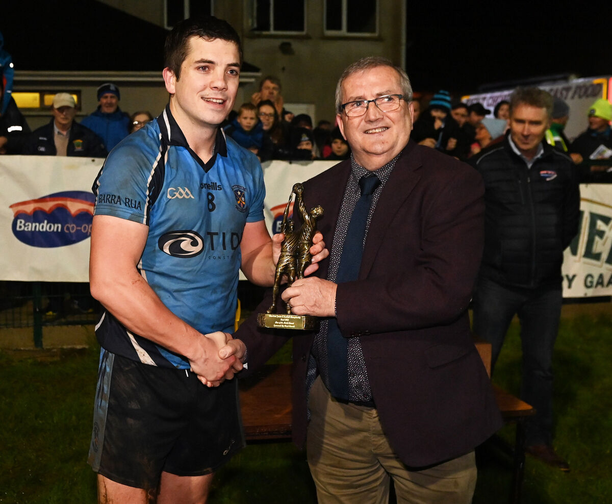Barryroe's  Robbie kiely, winner of the 'player of the match ' award from Aidan O'Rourke after defeating Kilmacabea in the Bandon Co-Op West Cork JAFC final at Dunmanway. Picture; Eddie O'Hare
