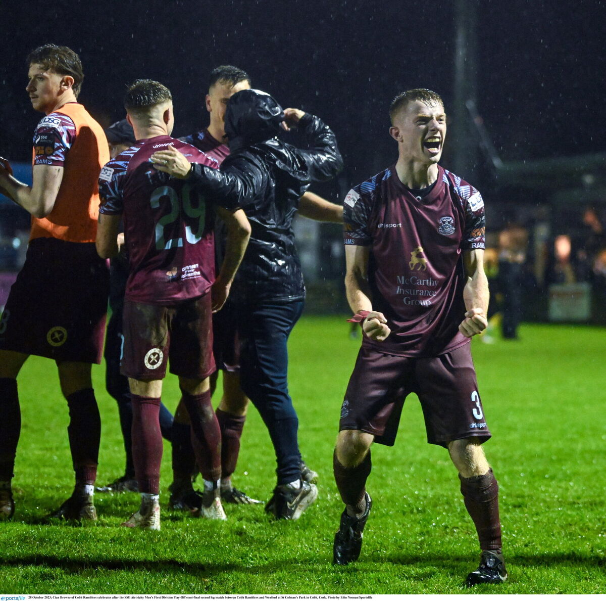 Cian Browne of Cobh Ramblers celebrates after the SSE Airtricity Men's First Division Play-Off semi-final second leg match between Cobh Ramblers and Wexford at St Colman's Park in Cobh, Cork. Photo by Eóin Noonan/Sportsfile