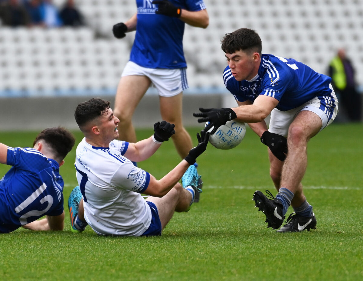 Bantry Blues' Dara McCarthy tackles Cill na Martra's Cianie Ó Fóirréidh during the Bon Secours Hospital Cork Premier IFC final at Páirc Uí Chaoimh. Picture: Eddie O'Hare