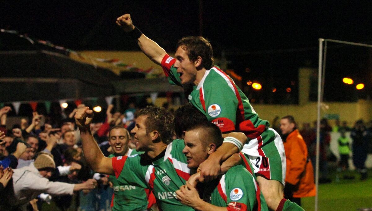 Cork City's Liam Kearney celebrates with John O'Flynn and Joe Gamble when they beat Derry City to the title in 2005. Picture: Eddie O'Hare