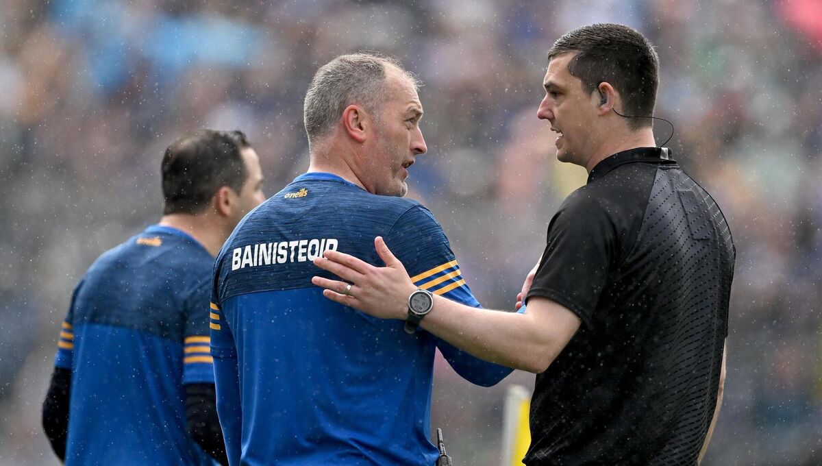 Ciarán O'Regan as sideline official during this year's Munster SHC game between Tipperary and Limerick, pictured with Tipp manager Liam Cahill. Picture: Brendan Moran/Sportsfile Ciarán O'Regan as sideline official during this year's Munster SHC game between Tipperary and Limerick, pictured with Tipp manager Liam Cahill. Picture: Brendan Moran/Sportsfile