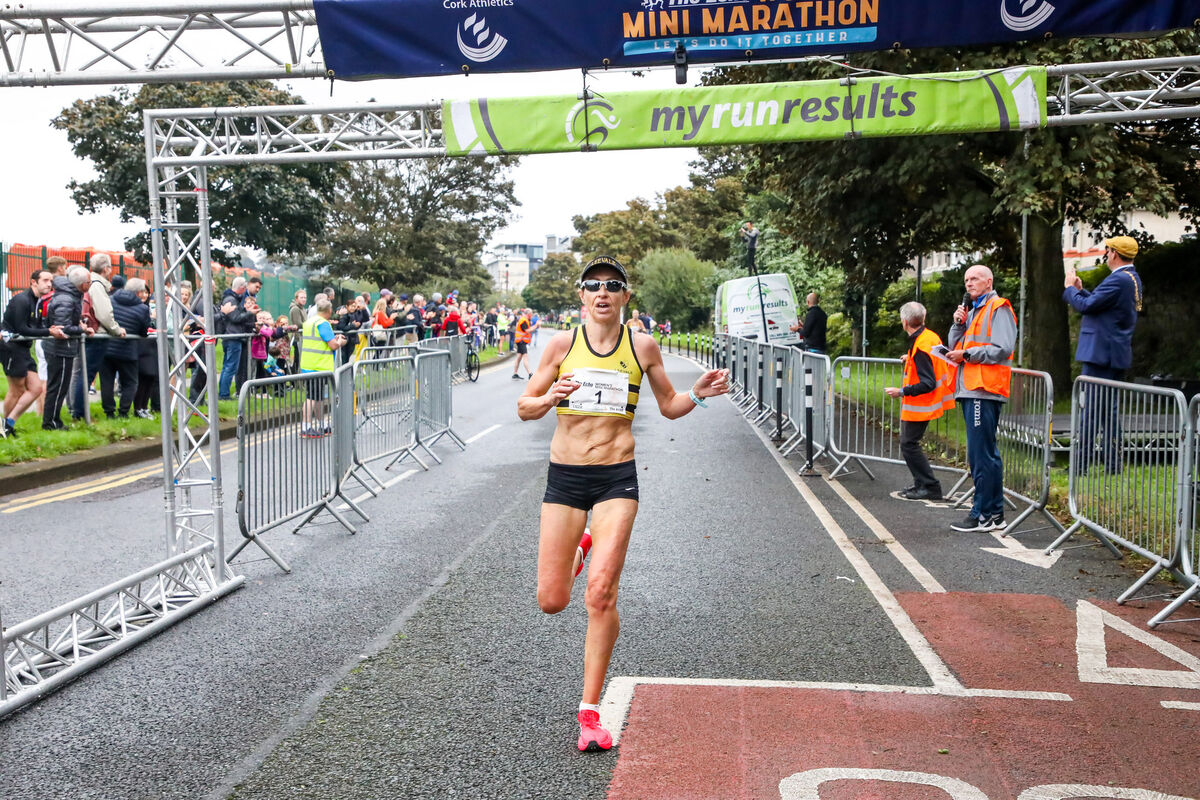 Lizzie Lee of Leevale crossing the finish line and winning the 42nd Echo Cork Women's Mini-Marathon in Cork City. - Picture: David Creedon