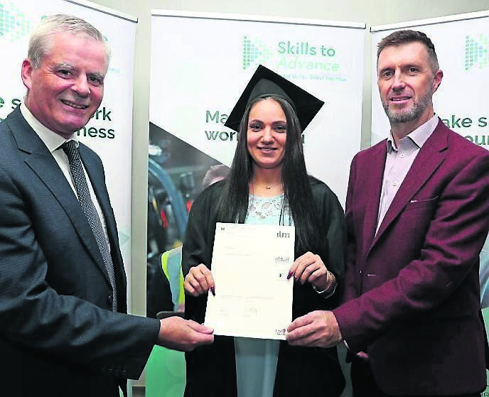Pictured is Denis Leamy, Chief Executive Cork ETB presenting Anca Holban, with her Certificate, also included is Charlie Dineen, HR Director The Fota Collection, at the Institute of Leadership & Management (ILM Level 4) Graduation Ceremony (members from The Fota Collection - The Kingsley Hotel / Fota Island Resort), at the Cork College of FET Bishopstown Campus, Bishopstown, Cork.Picture: Jim Coughlan. Pictured is Denis Leamy, Chief Executive Cork ETB presenting Anca Holban, with her Certificate, also included is Charlie Dineen, HR Director The Fota Collection, at the Institute of Leadership & Management (ILM Level 4) Graduation Ceremony (members from The Fota Collection - The Kingsley Hotel / Fota Island Resort), at the Cork College of FET Bishopstown Campus, Bishopstown, Cork.Picture: Jim Coughlan.