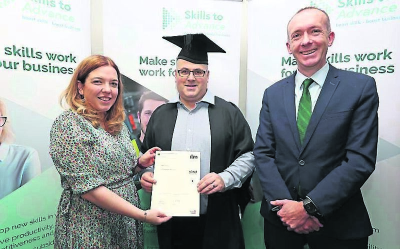 Pictured is Niamh Gaine, Assistant Manager Cork College of FET Bisopstown Campus presenting Eugene Canavan, with his Certificate, also included is Fergal Harte, General Manager The Kingsley Hotel, at the Institute of Leadership &amp; Management (ILM Level 4) Graduation Ceremony (members from The Fota Collection - The Kingsley Hotel / Fota Island Resort), at the Cork College of FET Bishopstown Campus, Bishopstown, Cork.Picture: Jim Coughlan.