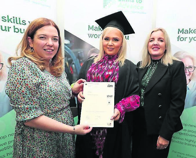 Pictured is Niamh Gaine, Assistant Manager Cork College of FET Bishopstown Campus, presenting Jenny Feehan with her certificate, also included is Catriona Sheehan, HR Manager The Kingsley Hotel, at the Institute of Leadership &amp; Management (ILM Level 4) Graduation Ceremony (members from The Fota Collection - The Kingsley Hotel / Fota Island Resort), at the Cork College of FET Bishopstown Campus, Bishopstown, Cork.Picture: Jim Coughlan.