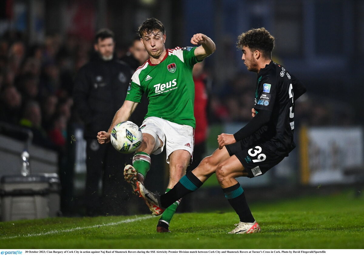 Cian Bargary of Cork City in action against Naj Razi of Shamrock Rovers during the SSE Airtricity Premier Division match between Cork City and Shamrock Rovers at Turner's Cross in Cork. Photo by David Fitzgerald/Sportsfile
