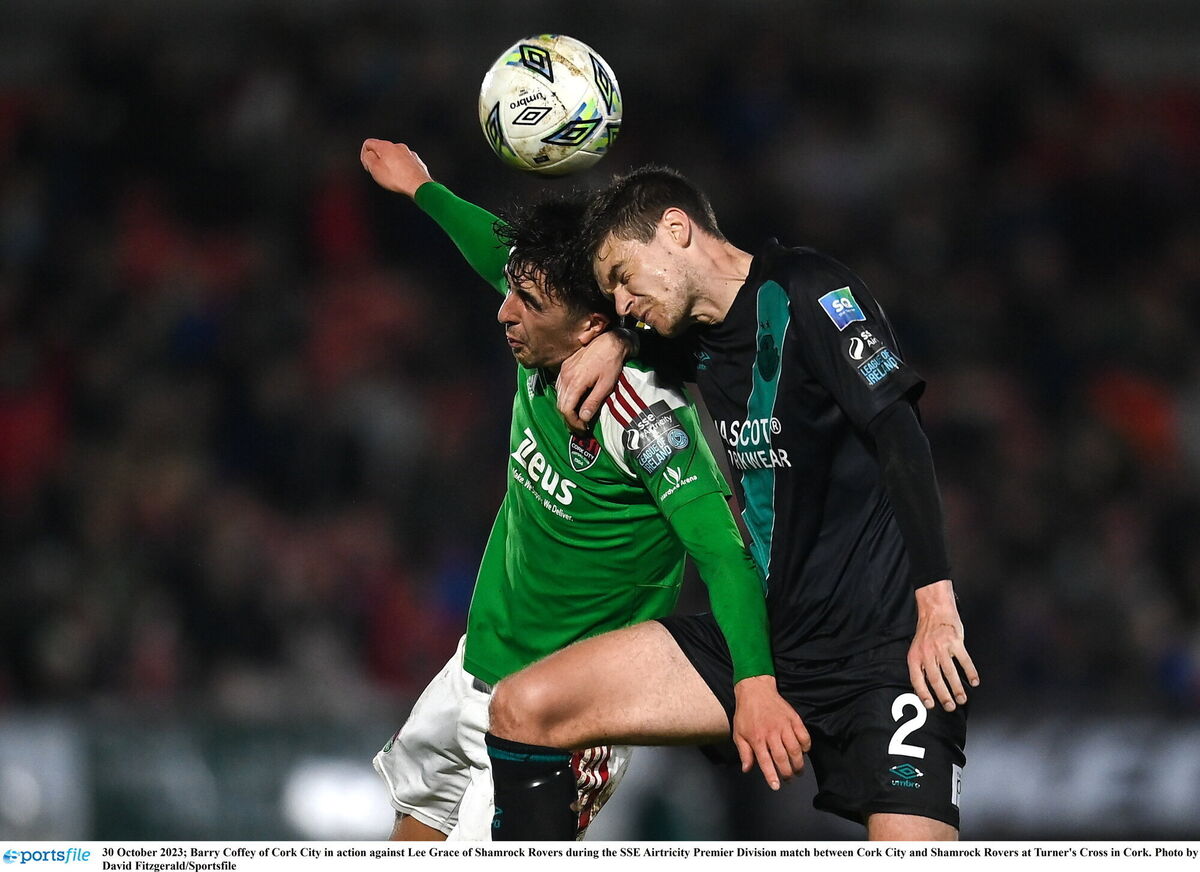 Barry Coffey of Cork City in action against Lee Grace of Shamrock Rovers during the SSE Airtricity Premier Division match between Cork City and Shamrock Rovers at Turner's Cross in Cork. Photo by David Fitzgerald/Sportsfile