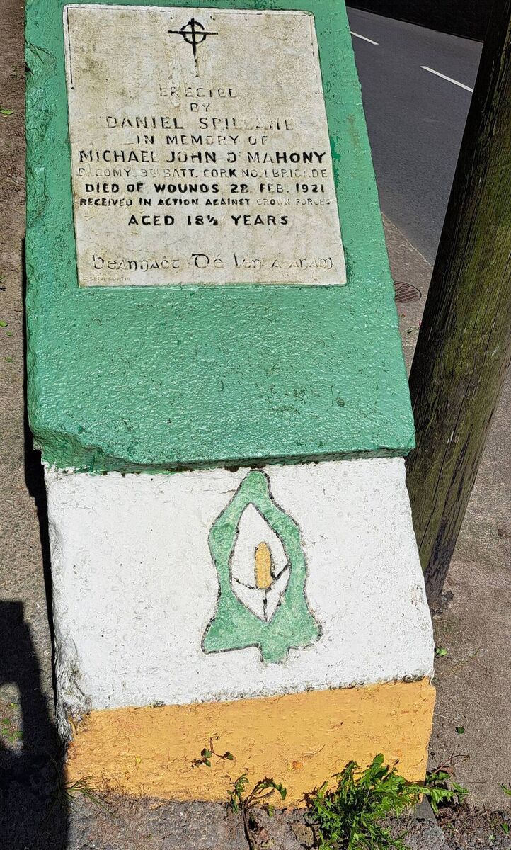 KILLED: A memorial to Michael John O’Mahony at the spot in Passage West where he was fatally shot. He was a first cousin of Cillian Murphy’s grandfather.