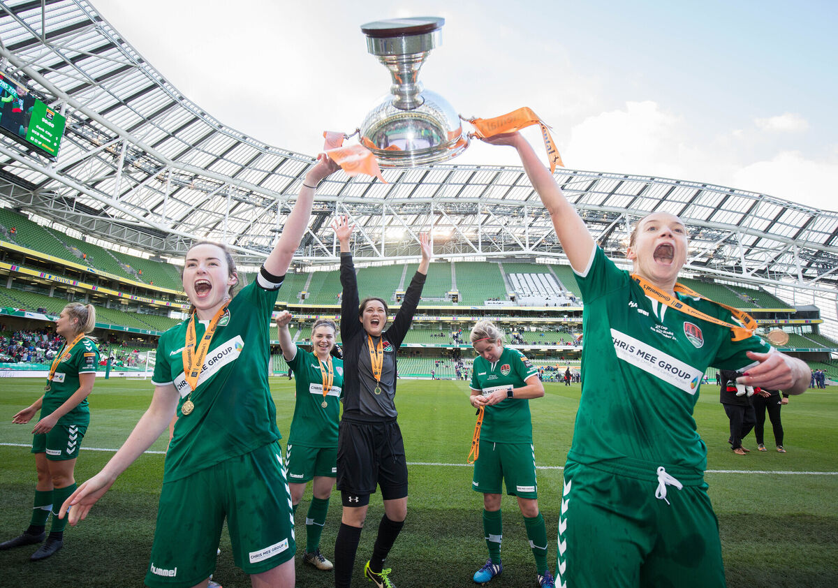 Cork City’s Ciara McNamara and Mary Barrett celebrate with the trophy after the game Cork City’s Ciara McNamara and Mary Barrett celebrate with the trophy after the game