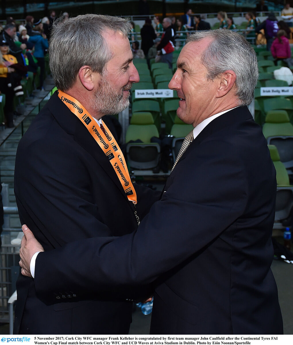 Cork City WFC manager Frank Kelleher is congratulated by first team manager John Caulfield after the Continental Tyres FAI Women's Cup Final match between Cork City WFC and UCD Waves at Aviva Stadium in Dublin. Photo by Eóin Noonan/Sportsfile Cork City WFC manager Frank Kelleher is congratulated by first team manager John Caulfield after the Continental Tyres FAI Women's Cup Final match between Cork City WFC and UCD Waves at Aviva Stadium in Dublin. Photo by Eóin Noonan/Sportsfile