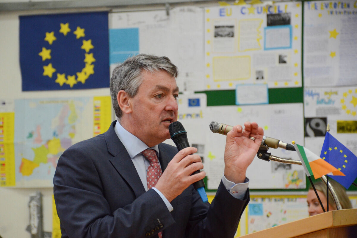 Billy Kelleher MEP seen speaking during his recent visito to St Nioclais NS in Frankfield as part of the Blue Star Programme marking European Day. Picture: Howard Crowdy