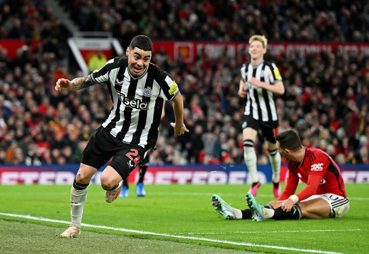 Miguel Almiron of Newcastle United celebrates after scoring his side's first goal during the Carabao Cup Fourth Round match against  Manchester United at Old Trafford. Picture: Michael Regan/Getty Images