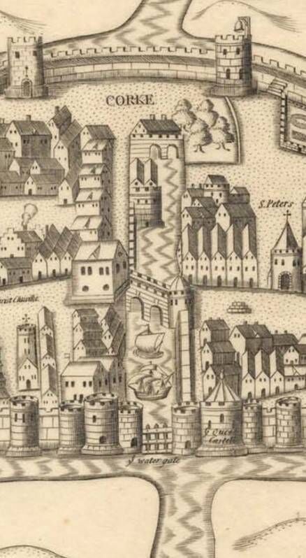 A section of the Pacata Hibernia Map 1600-1603 showing the Medieval Key of Cork with its King’s and Queen’s castles and its strong heavy watergate at the middle waterway, running from east/west along the line of today’s Liberty St/Castle St. Picture: Courtesy Cork City Library A section of the Pacata Hibernia Map 1600-1603 showing the Medieval Key of Cork with its King’s and Queen’s castles and its strong heavy watergate at the middle waterway, running from east/west along the line of today’s Liberty St/Castle St. Picture: Courtesy Cork City Library