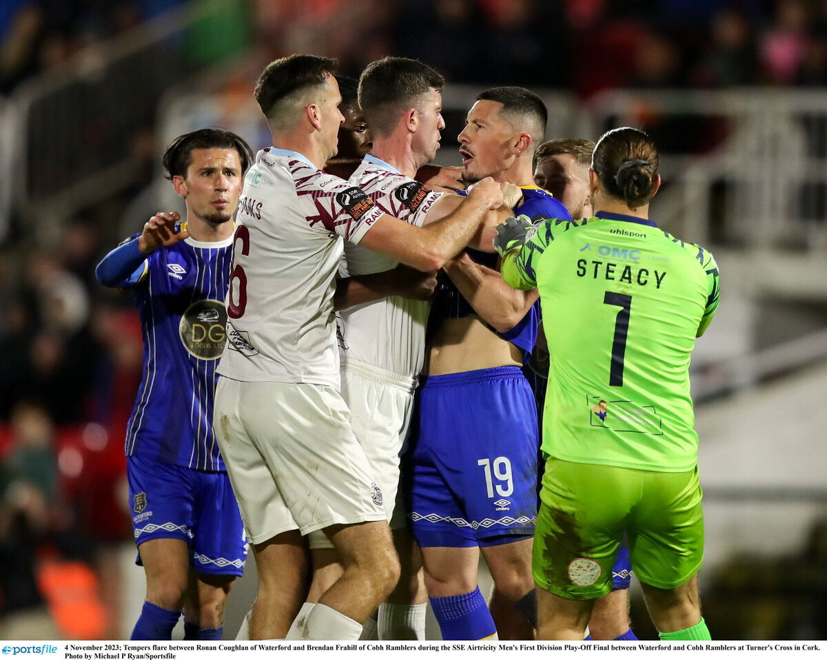 Tempers flare between Ronan Coughlan of Waterford and Brendan Frahill of Cobh Ramblers during the SSE Airtricity Men's First Division Play-Off Final between Waterford and Cobh Ramblers at Turner's Cross in Cork. Picture: Michael P Ryan/Sportsfile Tempers flare between Ronan Coughlan of Waterford and Brendan Frahill of Cobh Ramblers during the SSE Airtricity Men's First Division Play-Off Final between Waterford and Cobh Ramblers at Turner's Cross in Cork. Picture: Michael P Ryan/Sportsfile