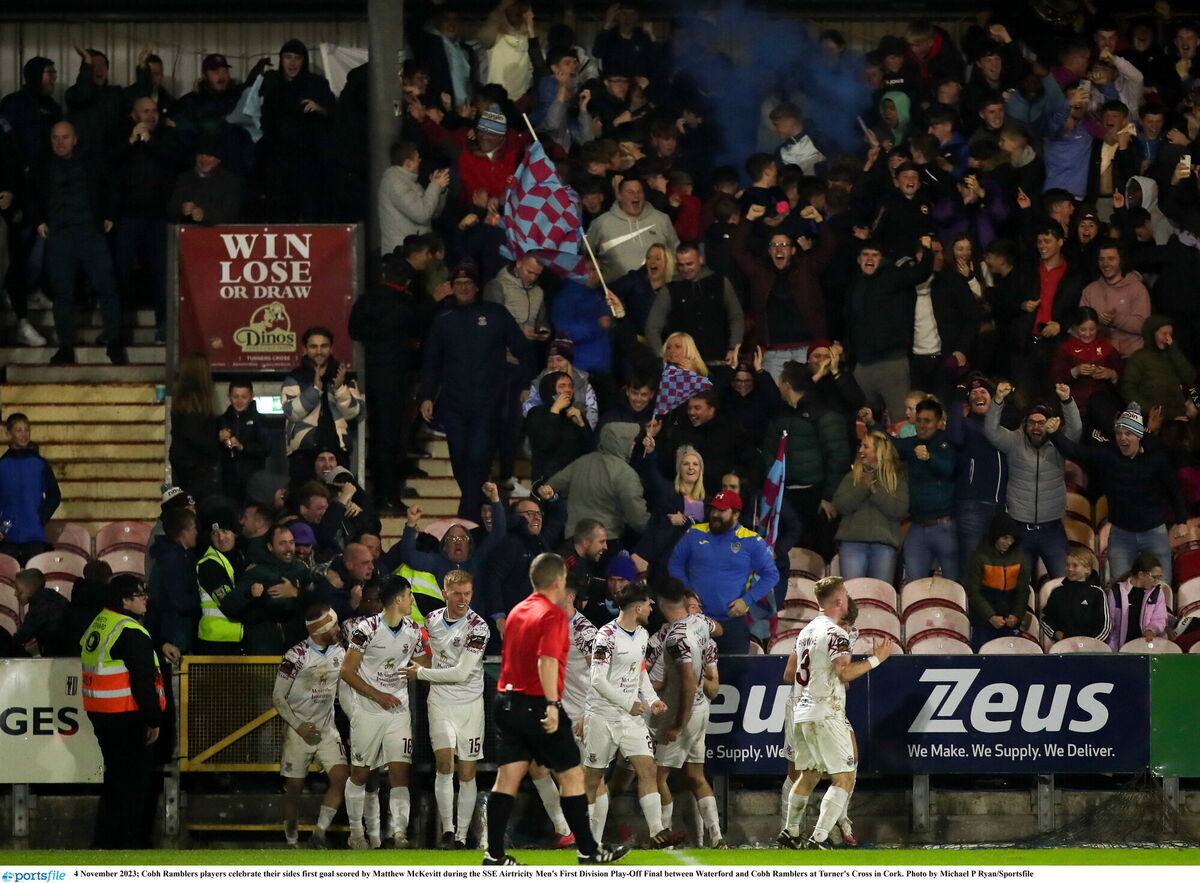 Cobh Ramblers players celebrate their sides first goal scored by Matthew McKevitt during the SSE Airtricity Men's First Division Play-Off Final between Waterford and Cobh Ramblers at Turner's Cross in Cork. Picture: Michael P Ryan/Sportsfile Cobh Ramblers players celebrate their sides first goal scored by Matthew McKevitt during the SSE Airtricity Men's First Division Play-Off Final between Waterford and Cobh Ramblers at Turner's Cross in Cork. Picture: Michael P Ryan/Sportsfile