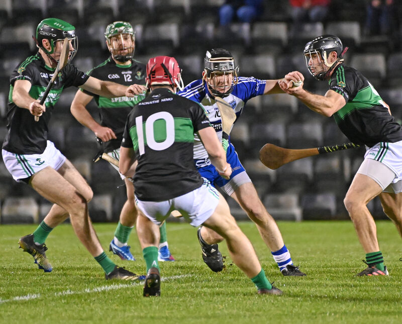 Belgooly's Barry Dwyer is surrounded by Nemo Rangers Stephen Cronin, Mark Cronin, Barry Cripps and Shane Horgan. Picture: Eddie O'Hare Belgooly's Barry Dwyer is surrounded by Nemo Rangers Stephen Cronin, Mark Cronin, Barry Cripps and Shane Horgan. Picture: Eddie O'Hare