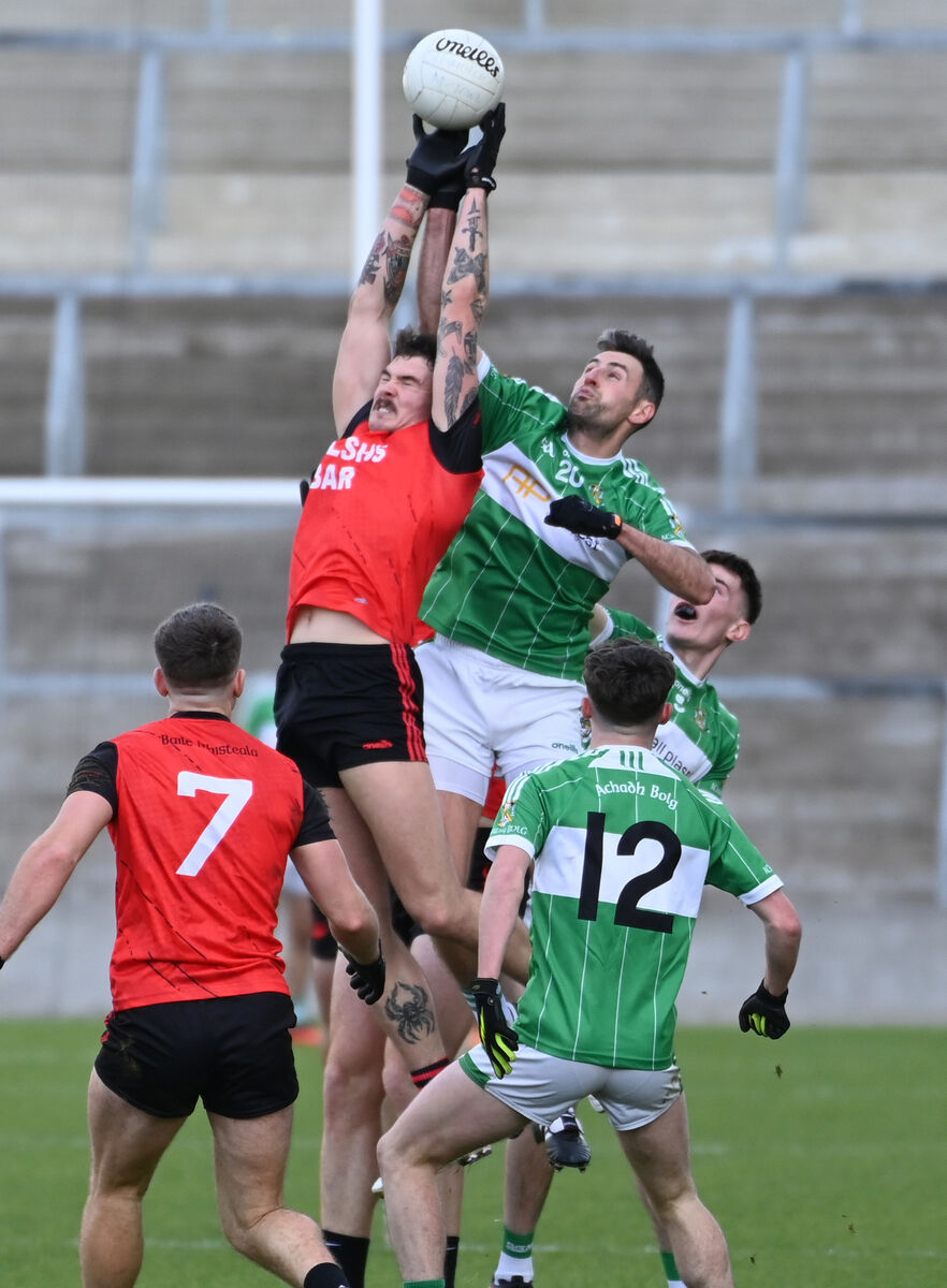 Mitchelstown's Seán Walsh goes high with Aghabullogue's Michael Dennehy during the IAFC final. Picture: Eddie O'Hare