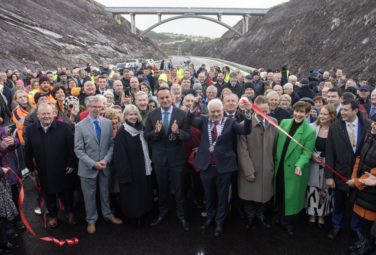  The Taoiseach Leo Varadkar at the cutting of the tape cermony with County Mayor Cllr. Frank O'Flynn after he opened the final section of the N22 Baile Bhúirne to Macroom road development. Picture Dan Linehan