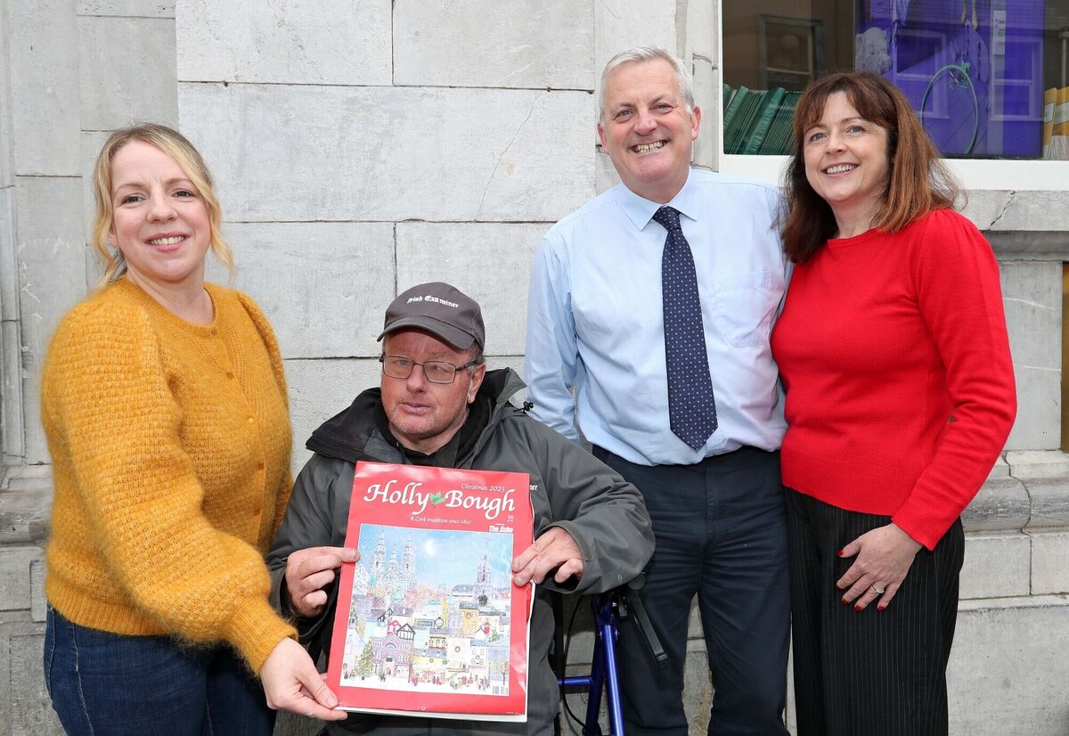  Echo Boy Dave Hogan with Fiona Foley, Illistrator from Toames Macroom Co. Cork, John Dolan, Editor Holly Bough &amp; Features Editor The Echo and Grainne McGuinness, Editor The Echo, with the 2023 Holly Bough.
