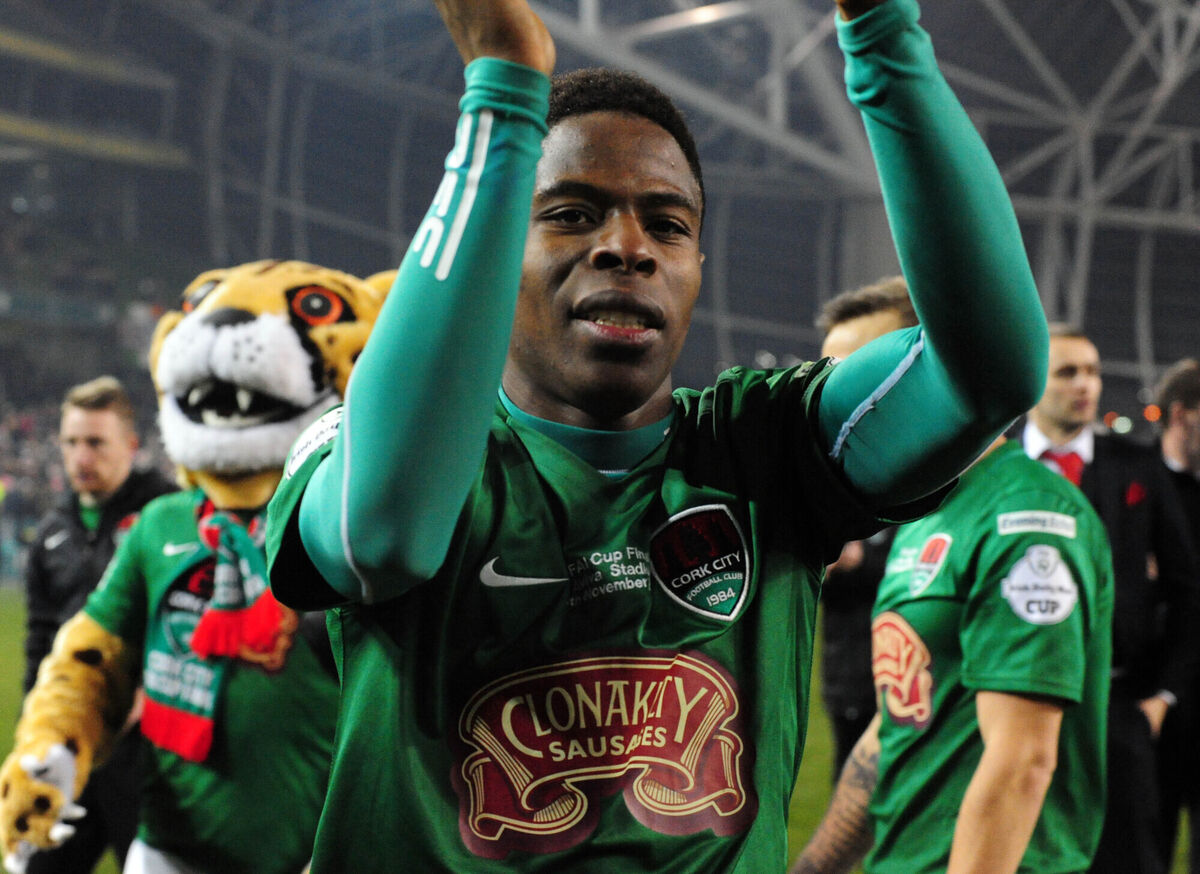 Cork City's Chiedozie Ogbene celebrates the win over Dundalk in the FAI cup final at the Aviva Stadium in Dublin in 2016. Picture: Eddie O'Hare