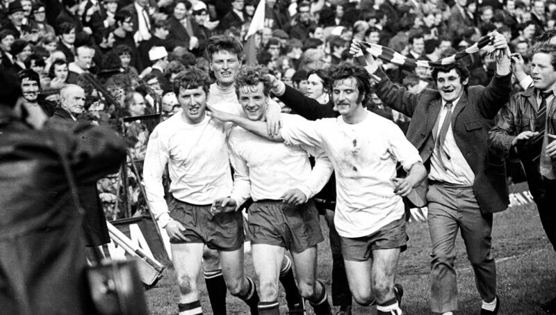 Cork Hibernians players (from left) Frank Connolly, Joe O'Grady, Miah Dennehy and John Lawson celebrate after they won the League of Ireland play-off decider against Shamrock Rovers at Dalymount Park. Cork Hibernians players (from left) Frank Connolly, Joe O'Grady, Miah Dennehy and John Lawson celebrate after they won the League of Ireland play-off decider against Shamrock Rovers at Dalymount Park.