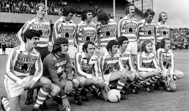 Combined Ireland 32 County team v Brazil (World Champions) 1973. Back: Miah Dennehy (ROI), David Craig (NI), Paddy Mulligan (ROI), Martin O’Neill (NI), Derek Dougan (NI), Alan Hunter (NI), Liam O’Kane (NI). Front: Bryan Hamilton(NI), Pat Jennings (NI), Tommy Carroll (ROI), John Giles (ROI), Don Givens (ROI), Terry Conroy (ROI), Mick Martin ((ROI). Picture: Connolly Collection/SPORTSFILE Combined Ireland 32 County team v Brazil (World Champions) 1973. Back: Miah Dennehy (ROI), David Craig (NI), Paddy Mulligan (ROI), Martin O’Neill (NI), Derek Dougan (NI), Alan Hunter (NI), Liam O’Kane (NI). Front: Bryan Hamilton(NI), Pat Jennings (NI), Tommy Carroll (ROI), John Giles (ROI), Don Givens (ROI), Terry Conroy (ROI), Mick Martin ((ROI). Picture: Connolly Collection/SPORTSFILE