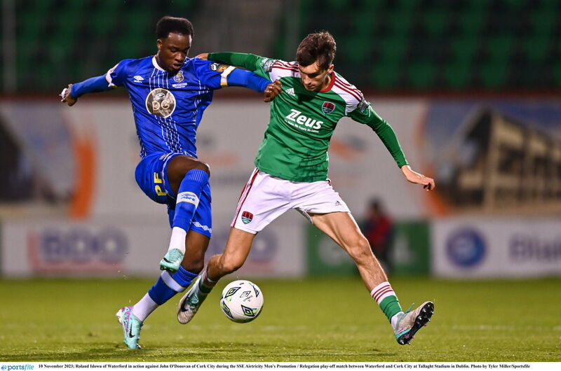 Roland Idowu of Waterford tackles John O'Donovan of Cork City. Picture: Tyler Miller/Sportsfile