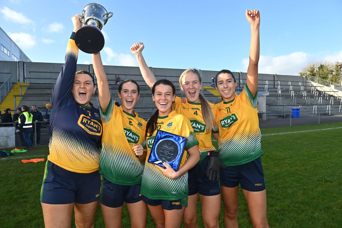  Glanmire players Ava Carey, Ellen Twomey (captain), Ally McCarthy, player of the match, Kayla O'Connor and Niamh McAllen celebrate. Picture: Dan Linehan
