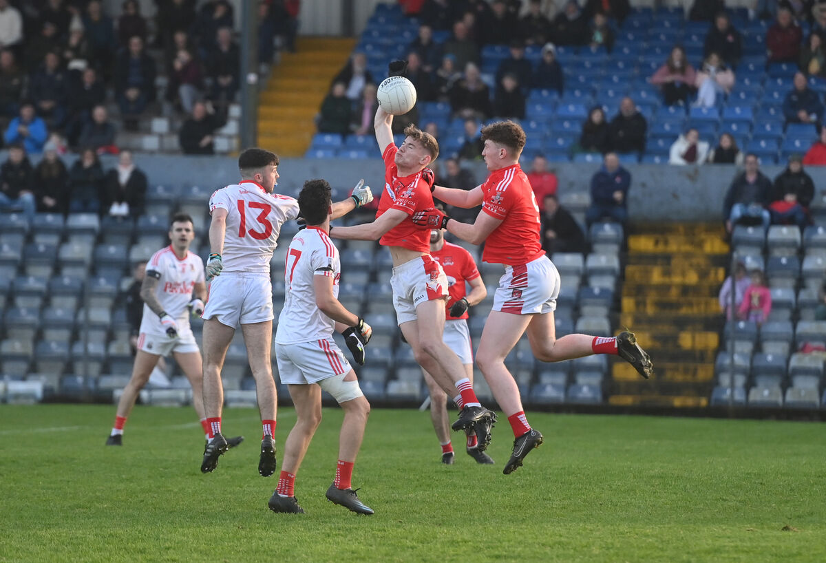 Joey Gibson wins the ball in the air for Mayfield. Picture: Larry Cummins Joey Gibson wins the ball in the air for Mayfield. Picture: Larry Cummins