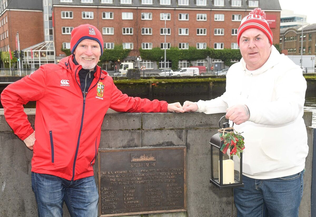  Noel O'Regan and Noel Raymond, both from Dillons Cross, attending the commemorative event to mark the 83rd anniversary of the sinking of the SS Ardmore on Michael Collins Bridge.
