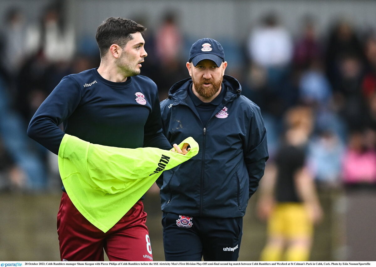 Cobh Ramblers' manager Shane Keegan with Pierce Philips of Cobh Ramblers before the SSE Airtricity Men's First Division Play-Off semi-final second leg match between Cobh Ramblers and Wexford at St Colman's Park in Cobh, Cork. Picture: Eóin Noonan/Sportsfile Cobh Ramblers' manager Shane Keegan with Pierce Philips of Cobh Ramblers before the SSE Airtricity Men's First Division Play-Off semi-final second leg match between Cobh Ramblers and Wexford at St Colman's Park in Cobh, Cork. Picture: Eóin Noonan/Sportsfile