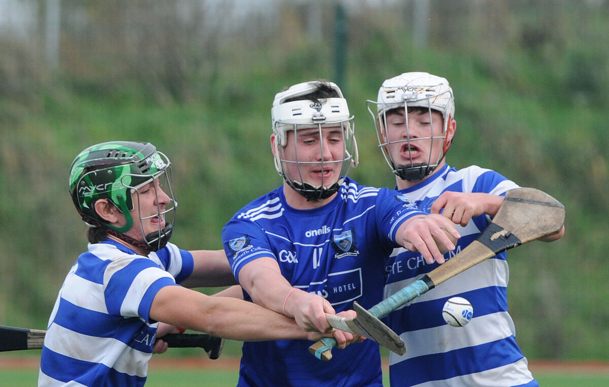 St Flannan's Fred Hegarty and Coláiste Choilm's Brian Dore and Johnny Galvin trying to win the ball in the Harty Cup at Banteer. Picture: Denis Minihane