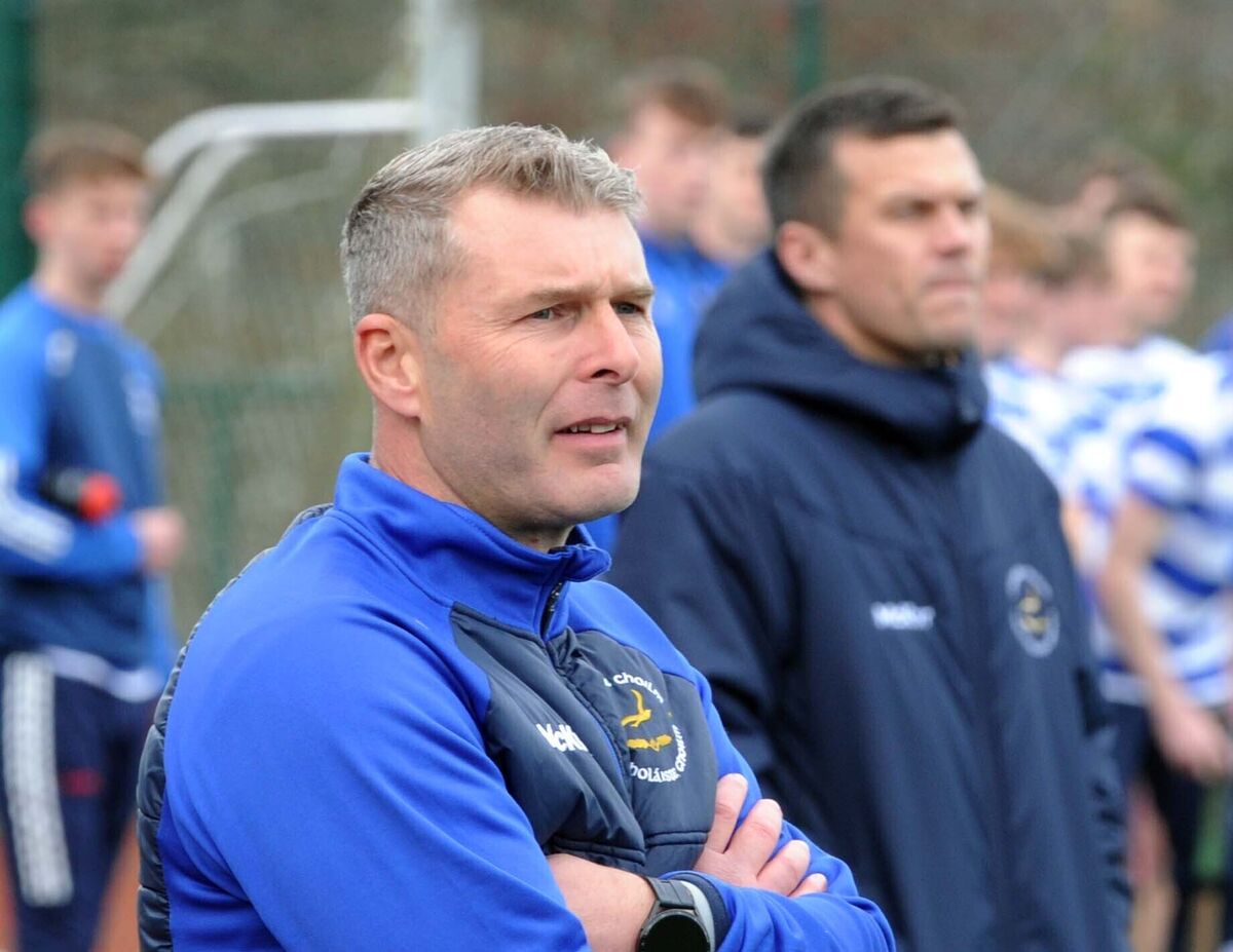 Coláiste Choilm manager David Bowen (right) and coach Johnny Dwyer at the Harty Cup game against St Flannan's at Banteer. Picture: Denis Minihane
