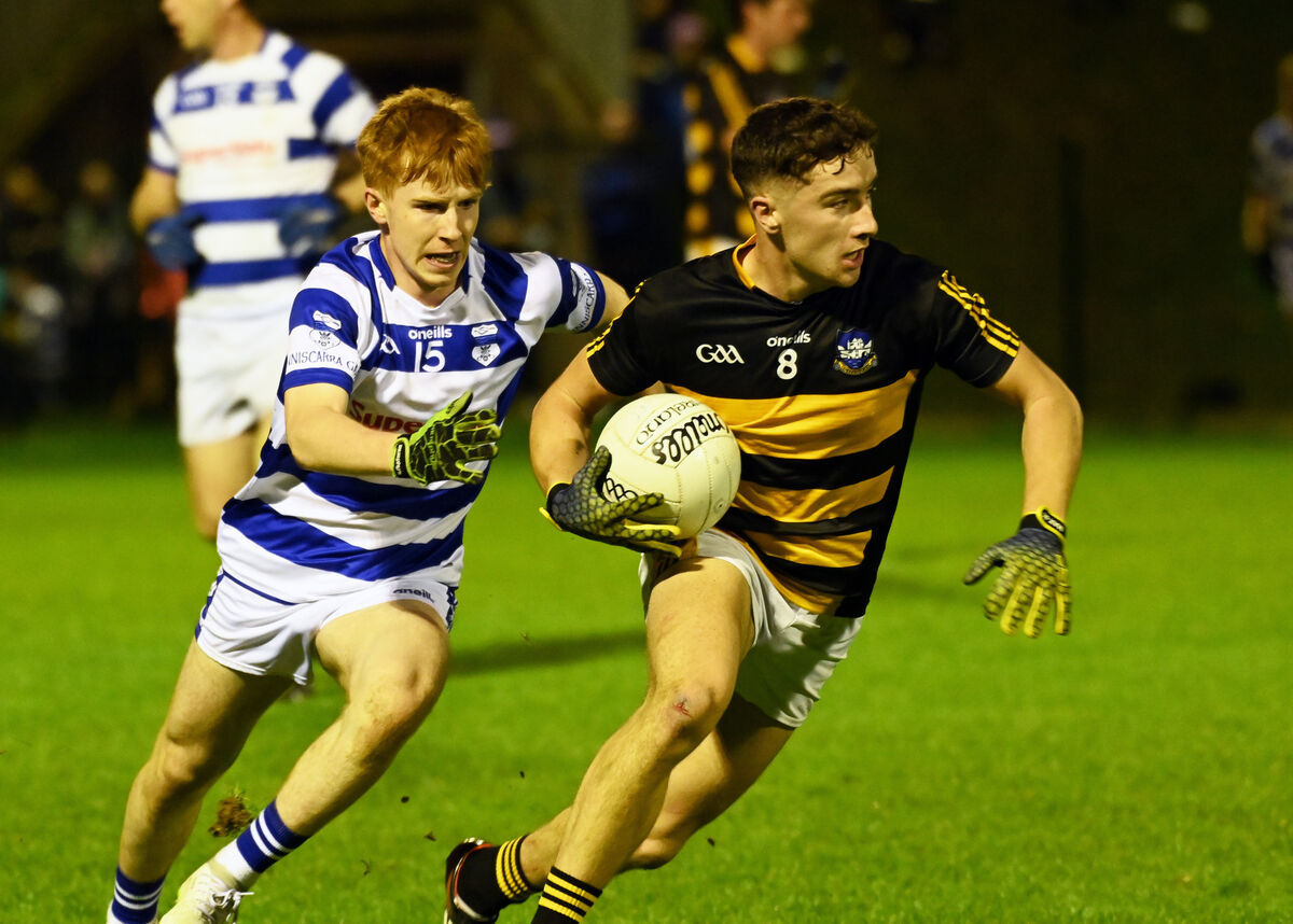 Canovee's Conor Dodd breaks away from Inniscarra's Tadgh Lyons during the Muskerry JAFC final at Ovens. Picture: Eddie O'Hare