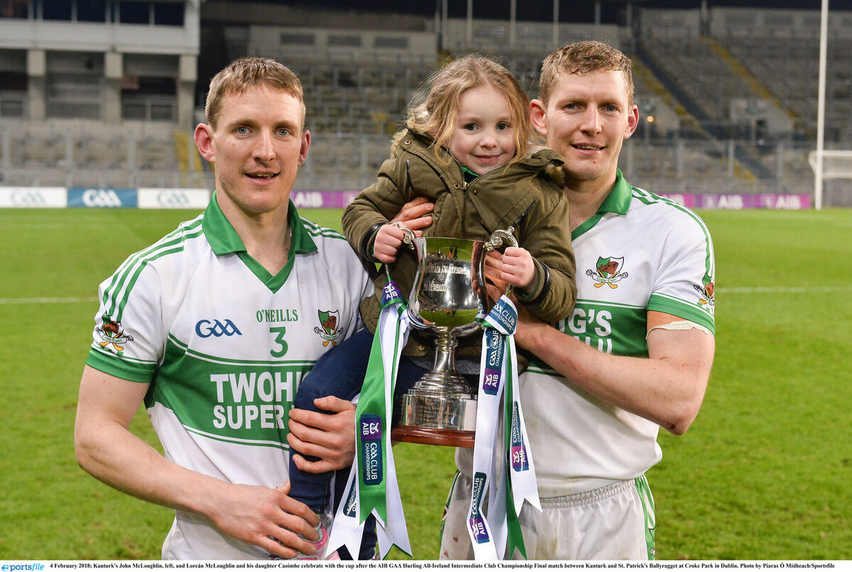 Kanturk brothers John McLoughlin and Lorcán McLoughlin with Lorcán's daughter Caoimhe after the AIB All-Ireland Club IHC final win over Ballyragget in 2018. Picture: Piaras Ó Mídheach/Sportsfile