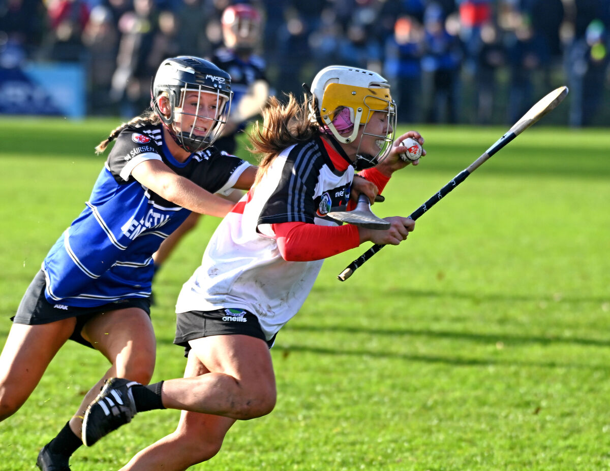 Newcastlewest's Karen O'Leary under pressure from Sarsfields' Rachael Roche. Picture: Eddie O'Hare Newcastlewest's Karen O'Leary under pressure from Sarsfields' Rachael Roche. Picture: Eddie O'Hare