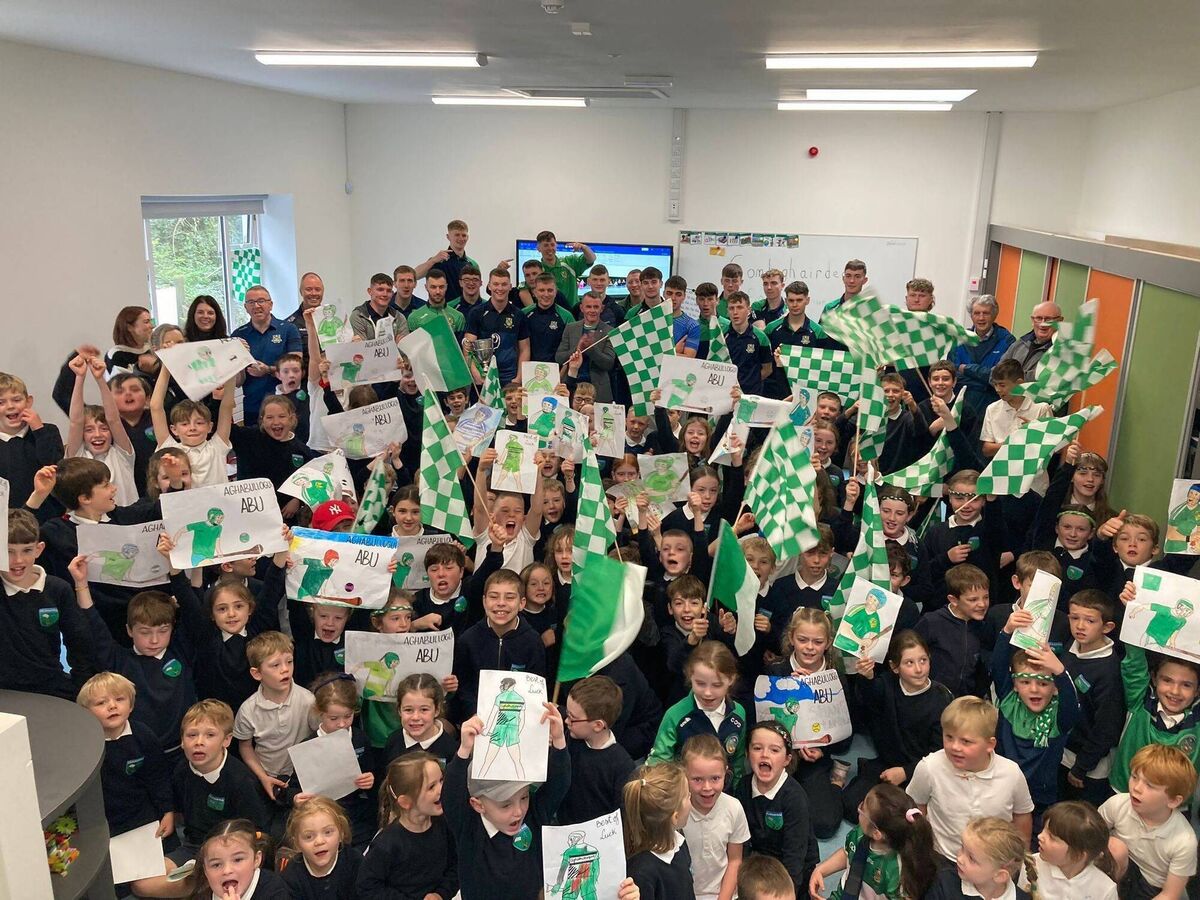 Aghabullogue NS pupils, Aghabullogue hurling players and selectors celebrating the win. Aghabullogue NS pupils, Aghabullogue hurling players and selectors celebrating the win.