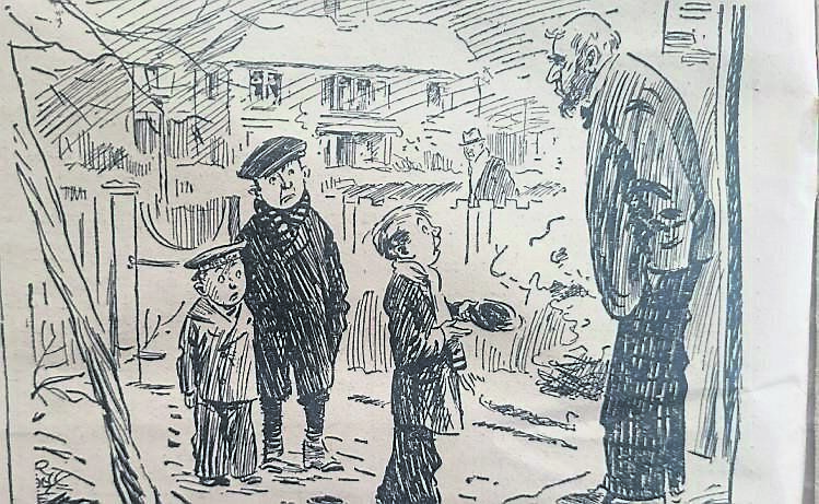 One of the cartoons in the 1932 Holly Bough. The carol singer is saying “Give us a copper, guv’ner. Why, the champion skinflint of the town gave us a bun.” The man says: “Did he? Well, ye’re now looking on the new champion.”