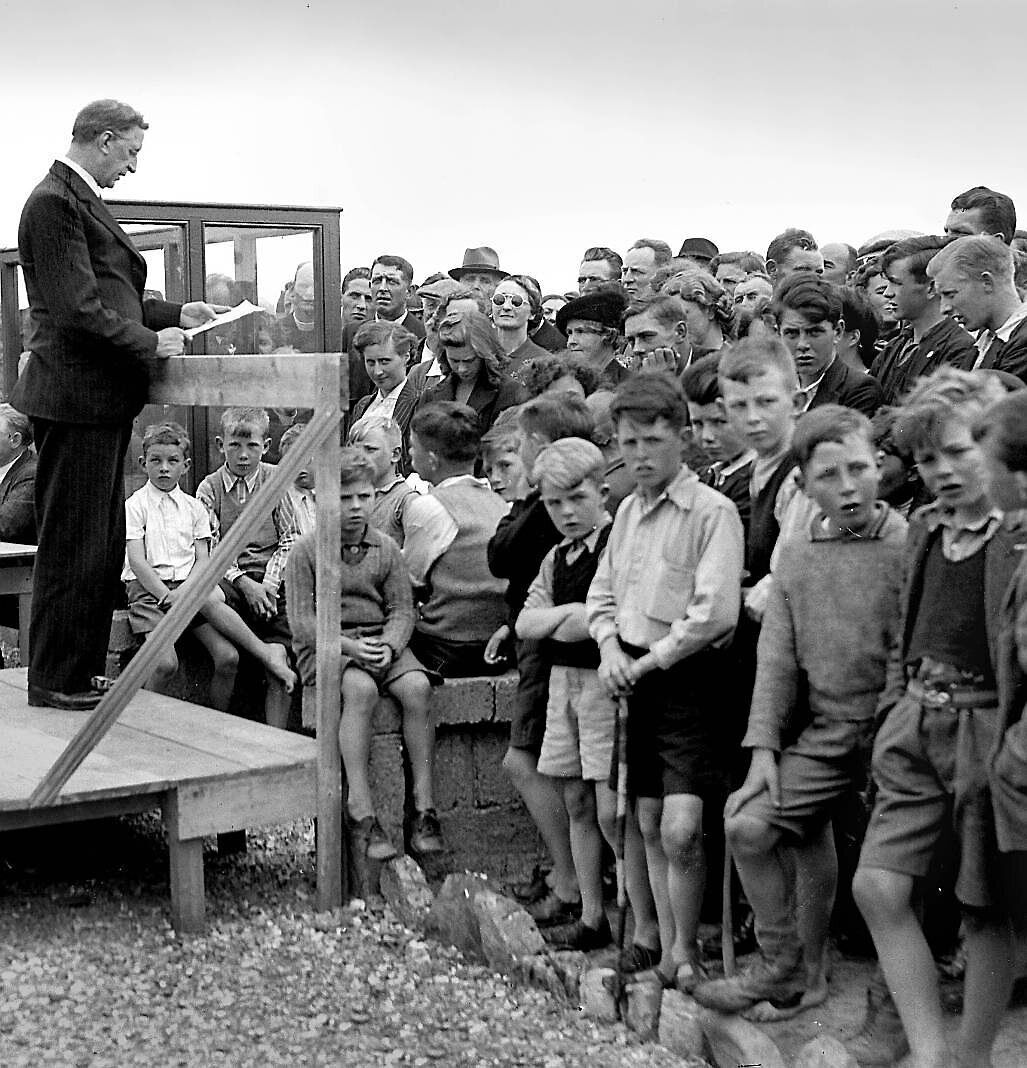 President Éamon de Valera officially opens an Irish Summer College at Garryvoe, Co. Cork, on July 24, 1944. President Éamon de Valera officially opens an Irish Summer College at Garryvoe, Co. Cork, on July 24, 1944.
